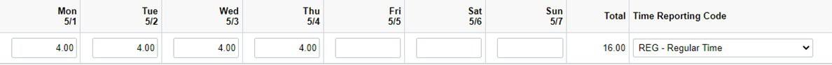 Screenshot of Elapsed timecard showing 4 hours entered each day worked.