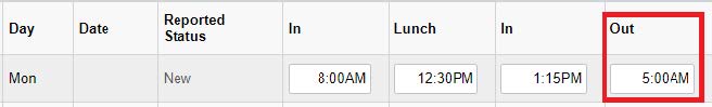 screenshot of a punch time sheet with a red box highlighting the "out" field which has 5 AM instead of PM.